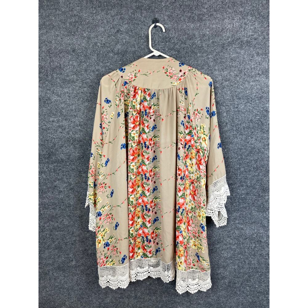 Umgee Tan Floral Lace Trimmed Kimono/ M/L Multi Colors - Picture 6 of 9